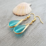 Hawaiian Jewelry Sea Glass Earrings, Gold Braided Turquoise Earrings Blue Earrings, Beach Jewelry For Women (December Birthstone Jewelry)