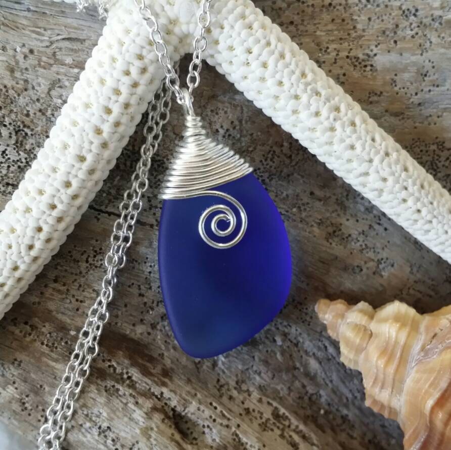 Handmade in Hawaii, Wire wrapped cobalt blue sea glass necklace 