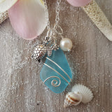 Handmade in Hawaii, Wire wrapped blue sea glass necklace,  Fresh water pearl, Turtle charm,   Gift for her.