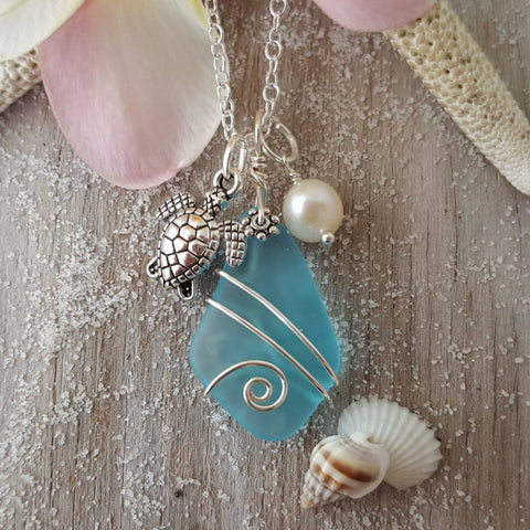 Handmade in Hawaii, Wire wrapped blue sea glass necklace,  Fresh water pearl, Turtle charm,   Gift for her.