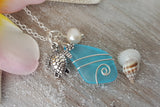 Handmade in Hawaii, Wire wrapped blue sea glass necklace,  Fresh water pearl, Turtle charm,   Gift for her.