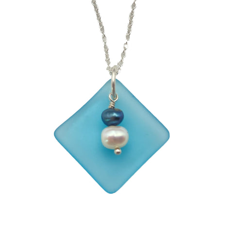 The "Balance of Life" - a Hawaii lifestyle and mentality, Curved Teal sea glass Necklace with White and Purple natural pearls