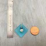 The "Balance of Life" - a Hawaii lifestyle and mentality, Curved Teal sea glass Necklace with White and Purple natural pearls