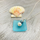 The "Balance of Life" - a Hawaii lifestyle and mentality, Curved Teal sea glass Necklace with White and Purple natural pearls