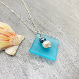 The "Balance of Life" - a Hawaii lifestyle and mentality, Curved Teal sea glass Necklace with White and Purple natural pearls