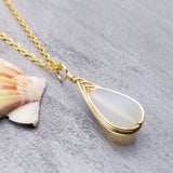Hawaiian Jewelry Sea Glass Necklace, Gold Braided Moonstone seaglass Necklace, Beach Jewelry Birthday Gift (June Birthstone Jewelry)