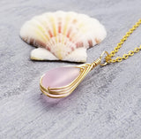 Hawaiian Jewelry Sea Glass Necklace, Gold Braided Pink Necklace Teardrop Necklace, Beach Jewelry Birthday Gift (April Birthstone Jewelry)