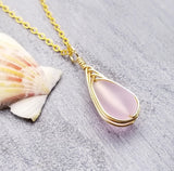 Hawaiian Jewelry Sea Glass Necklace, Gold Braided Pink Necklace Teardrop Necklace, Beach Jewelry Birthday Gift (April Birthstone Jewelry)