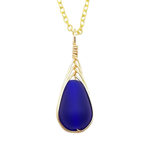 Hawaiian Jewelry Sea Glass Necklace, Gold Braided Cobalt Necklace, Beach Jewelry Birthday Gift (September Birthstone Jewelry)