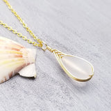 Hawaiian Jewelry Sea Glass Necklace, Gold Braided Crystal Clear Necklace, Beach Jewelry Birthday Gift (April Birthstone Jewelry)