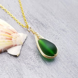 Hawaiian Jewelry Sea Glass Necklace, Gold Braided Emerald Necklace Green Necklace, Beach Jewelry Birthday Gift (May Birthstone Jewelry)