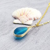 Hawaiian Jewelry Sea Glass Necklace, Gold Braided Teal Necklace Blue Necklace, Beach Jewelry Birthday Gift, Unique Gift