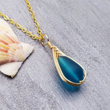 Hawaiian Jewelry Sea Glass Necklace, Gold Braided Teal Necklace Blue Necklace, Beach Jewelry Birthday Gift, Unique Gift