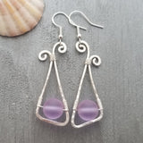 Handmade in Hawaii,  Hammered Wire triangle loop "Magical Color Changing" Purple sea glass earrings, FREE gift wrap