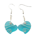 Hawaiian Jewelry Sea Glass Earrings, Wire Twin Heart Earrings Turquoise Earrings Blue Earrings, Beach Jewelry (December Birthstone Jewelry)