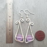 Handmade in Hawaii,  Hammered Wire triangle loop "Magical Color Changing" Purple sea glass earrings, FREE gift wrap