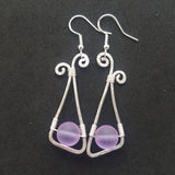 Handmade in Hawaii,  Hammered Wire triangle loop "Magical Color Changing" Purple sea glass earrings, FREE gift wrap