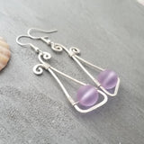 Handmade in Hawaii,  Hammered Wire triangle loop "Magical Color Changing" Purple sea glass earrings, FREE gift wrap