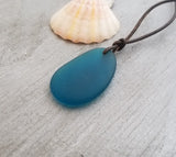 Hawaiian Jewelry Sea Glass Necklace, Teal Necklace Leather Cord Necklace Unisex Beach Sea Glass Jewelry Gift For Him For Her, FREE Gift Wrap