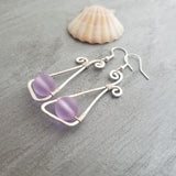 Handmade in Hawaii,  Hammered Wire triangle loop "Magical Color Changing" Purple sea glass earrings, FREE gift wrap