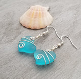 Hawaiian Jewelry Sea Glass Earrings, Wire Twin Heart Earrings Turquoise Earrings Blue Earrings, Beach Jewelry (December Birthstone Jewelry)