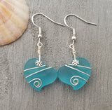 Hawaiian Jewelry Sea Glass Earrings, Wire Twin Heart Earrings Turquoise Earrings Blue Earrings, Beach Jewelry (December Birthstone Jewelry)