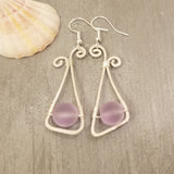 Handmade in Hawaii,  Hammered Wire triangle loop "Magical Color Changing" Purple sea glass earrings, FREE gift wrap