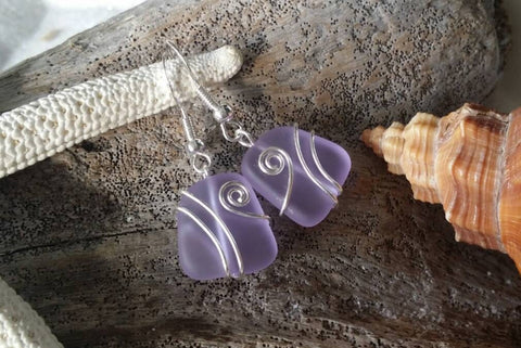 Hawaiian Jewelry Sea Glass Earrings, Wire Purple Earrings, Sea Glass Jewelry Beach Jewelry Fun Birthday Gift (February Birthstone Jewelry)
