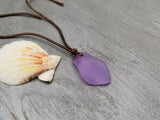 Hawaiian Jewelry Sea Glass Necklace, "Magical Color Changing" Puff Purple Leather Cord Necklace, Unisex Jewelry (February Birthstone)