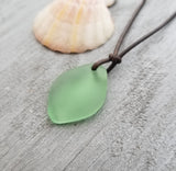 Hawaiian Sea Glass Necklace, Small Puff Peridot Necklace Leather Cord Necklace Unisex Beach Jewelry Gift For Him For Her, August Birthstone