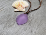Hawaiian Jewelry Sea Glass Necklace, "Magical Color Changing" Puff Purple Leather Cord Necklace, Unisex Jewelry (February Birthstone)