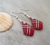 Hawaiian Jewelry Sea Glass Earrings, Wire Cross Earrings Ruby Red Earrings, Beach Sea Glass Jewelry Birthday Gift (July Birthstone Jewelry)