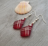 Hawaiian Jewelry Sea Glass Earrings, Wire Cross Earrings Ruby Red Earrings, Beach Sea Glass Jewelry Birthday Gift (July Birthstone Jewelry)