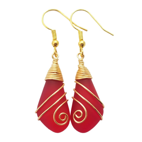 Hawaiian Jewelry Sea Glass Earrings, Gold Wire Wrapped Swirls Ruby Red Earrings, Beach Jewelry For Women (July Birthstone Jewelry)