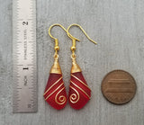 Hawaiian Jewelry Sea Glass Earrings, Gold Wire Wrapped Swirls Ruby Red Earrings, Beach Jewelry For Women (July Birthstone Jewelry)