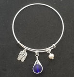 Hawaiian Jewelry Sea Glass Bracelet, Cobalt Bracelet Island Lifestyle Flip Flop Charm, Pearl Beach Bracelet  (September Birthstone)