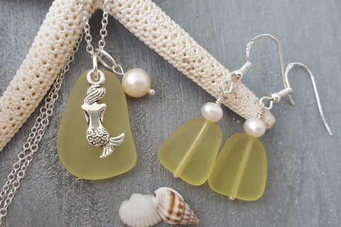 Hawaiian Jewelry Sea Glass Set, Mermaid Necklace Earrings Jewelry Set Topaz Yellow Jewelry, Birthday Gift Set (November Birthstone Jewelry)