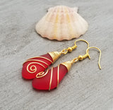 Hawaiian Jewelry Sea Glass Earrings, Gold Wire Wrapped Swirls Ruby Red Earrings, Beach Jewelry For Women (July Birthstone Jewelry)