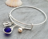 Hawaiian Jewelry Sea Glass Bracelet, Cobalt Bracelet Island Lifestyle Flip Flop Charm, Pearl Beach Bracelet  (September Birthstone)