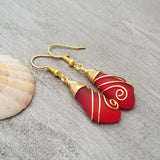 Hawaiian Jewelry Sea Glass Earrings, Gold Wire Wrapped Swirls Ruby Red Earrings, Beach Jewelry For Women (July Birthstone Jewelry)