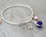 Hawaiian Jewelry Sea Glass Bracelet, Cobalt Bracelet Island Lifestyle Flip Flop Charm, Pearl Beach Bracelet  (September Birthstone)