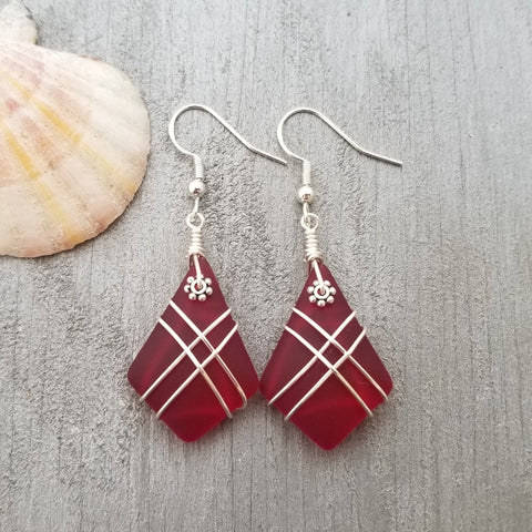 Hawaiian Jewelry Sea Glass Earrings, Wire Cross Earrings Red Earrings, Sea Glass Jewelry Beach Jewelry, Birthday(January Birthstone Jewelry)