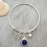 Hawaiian Jewelry Sea Glass Bracelet, Cobalt Bracelet Island Lifestyle Flip Flop Charm, Pearl Beach Bracelet  (September Birthstone)