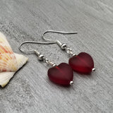 Handmade in Hawaii, Small "Twin Hearts" Red sea glass earrings,  Light Weight Earrings, "January Birthstone", Hawaii Gift Wrapped