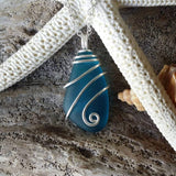 Handmade in Hawaii, Wire wrapped teal blue sea glass necklace, gift box, Mother's Day Gifts.sea glass jewelry.