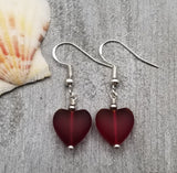 Handmade in Hawaii, Small "Twin Hearts" Red sea glass earrings,  Light Weight Earrings, "January Birthstone", Hawaii Gift Wrapped