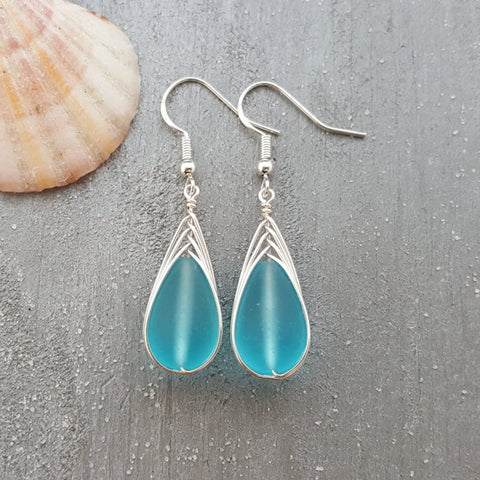 Hawaiian Jewelry Sea Glass Earrings, Braided Turquoise Earrings Blue Earrings Teardrop Earrings, Sea Glass Jewelry (December Birthstone Gift)