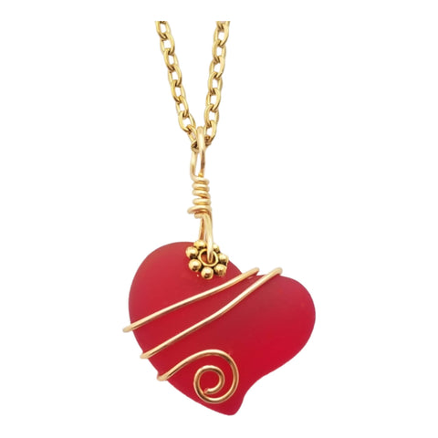 Handmade in Hawaii, Gold tone Wire wrapped Ruby Red Heart sea glass necklace, Hawaiian  jewelry