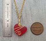 Handmade in Hawaii, Gold tone Wire wrapped Ruby Red Heart sea glass necklace, Hawaiian  jewelry