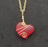 Handmade in Hawaii, Gold tone Wire wrapped Ruby Red Heart sea glass necklace, Hawaiian  jewelry